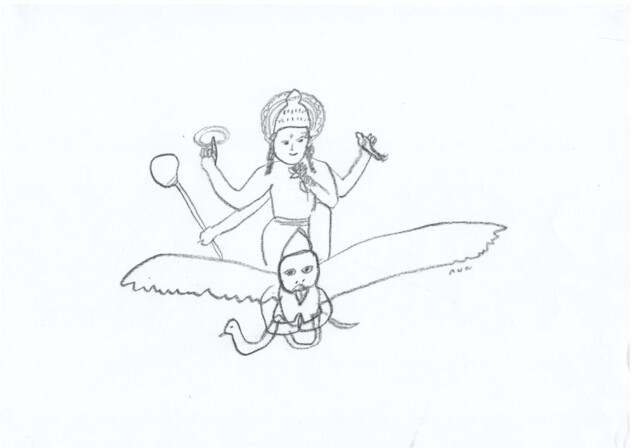 ヴィシュヌの乗り物であるガルーダ(神の鳥)。鷲の姿で、人間の胴体を持つ。ヒンドゥー教の守り神とされる。