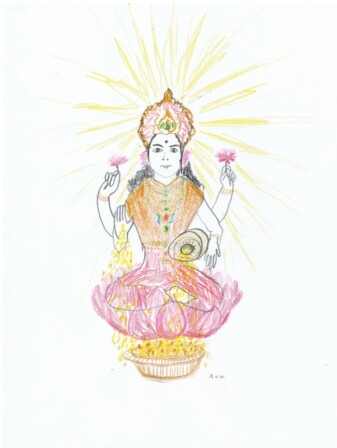 美と富、豊穣、幸運の女神。
とってもゴージャス。絶世の美女らしい。ヴィシュヌの奥さん。手からは金貨がとめどなくあふれ出る。