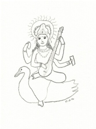 水の女神であり、芸術・学問の守り神。手にはヴィーナ(琵琶)、本、時間を操る珠数などを持つ。執拗なブラフマー神から逃れられず結婚を決意した。