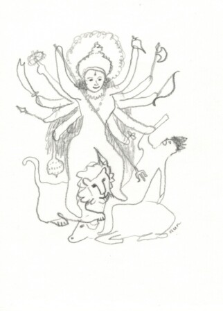 最高にカッコいい戦いと勝利の女神。パールヴァティ―が変身した姿。虎かライオンに乗っかり、手にはいっぱい武器を持っている。