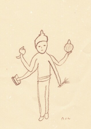 アーユルヴェーダの神様。
四本の手に持っているのは聖典、法螺貝(仏教では教えを広めるという意味)、薬草、不老不死の霊薬アムリタを入れた壺。外科の象徴と言われる刃物の円盤を持つこともある。ヴィシュヌの化身。