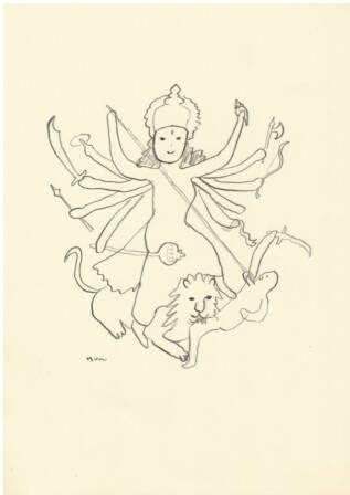 最高にカッコいい戦いと勝利の女神。パールヴァティ―が変身した姿。虎かライオンに乗っかり、手にはいっぱい武器を持っている。