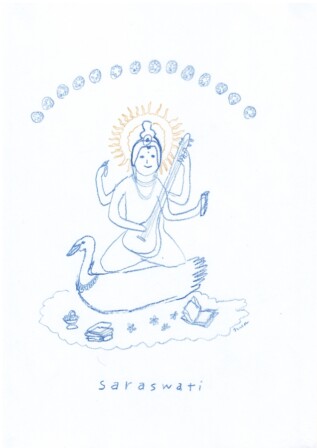 水の女神であり、芸術・学問の守り神。手にはヴィーナ(琵琶)、本、時間を操る珠数などを持つ。執拗なブラフマー神から逃れられず結婚を決意した。