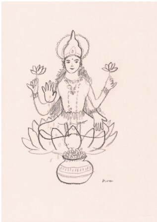 美と富、豊穣、幸運の女神。
とってもゴージャス。絶世の美女らしい。ヴィシュヌの奥さん。手からは金貨がとめどなくあふれ出る。