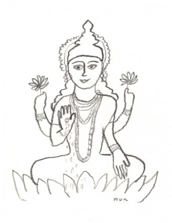 美と富、豊穣、幸運の女神。
とってもゴージャス。絶世の美女らしい。ヴィシュヌの奥さん。手からは金貨がとめどなくあふれ出る。