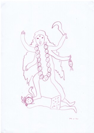 パールヴァティ―(ドゥルガー)が怒って、手をつけられない殺戮の女神「カーリー」に変身する。
カーリーが踊ると激しすぎて地面が割れちゃうので、シヴァが横たわって衝撃を吸収するらしい。