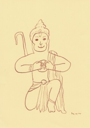 猿の神ハヌマーンは、ご主人様「ラーマ」にすべてを捧げる、信愛と献身の象徴とされる。