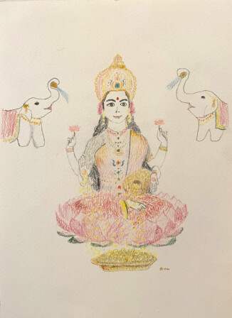 美と富、豊穣、幸運の女神。
とってもゴージャス。絶世の美女らしい。ヴィシュヌの奥さん。手からは金貨がとめどなくあふれ出る。